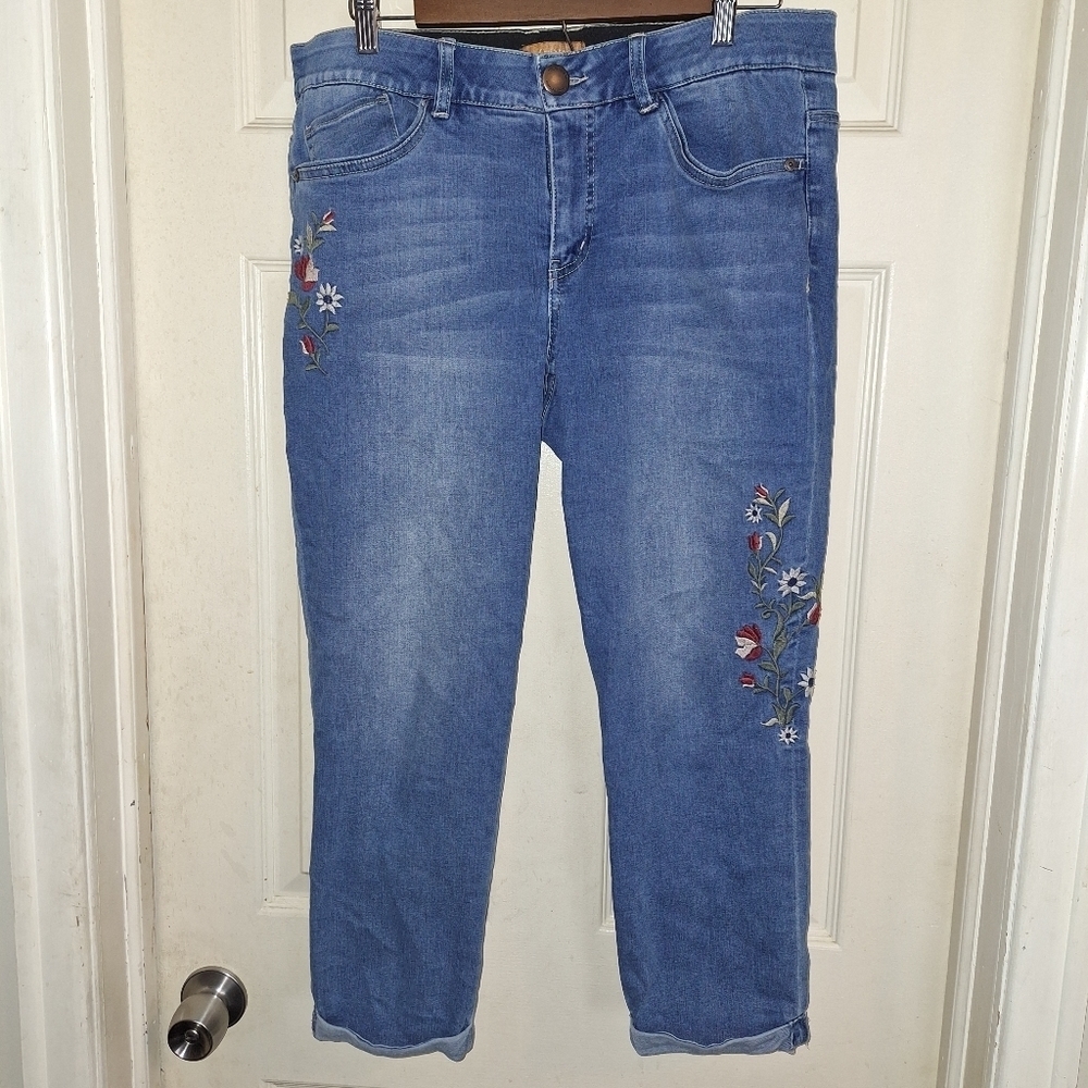 Denim Blue High Rise Embroidered Jeans